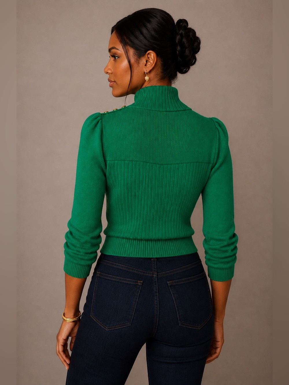 Vintage St John Ribbed Turtleneck Sweater Kelly Green Gold Button Size Small - Picture 3 of 15
